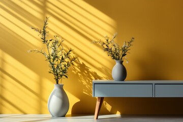  a couple of vases sitting on top of a table next to a wall with a shadow cast on it.