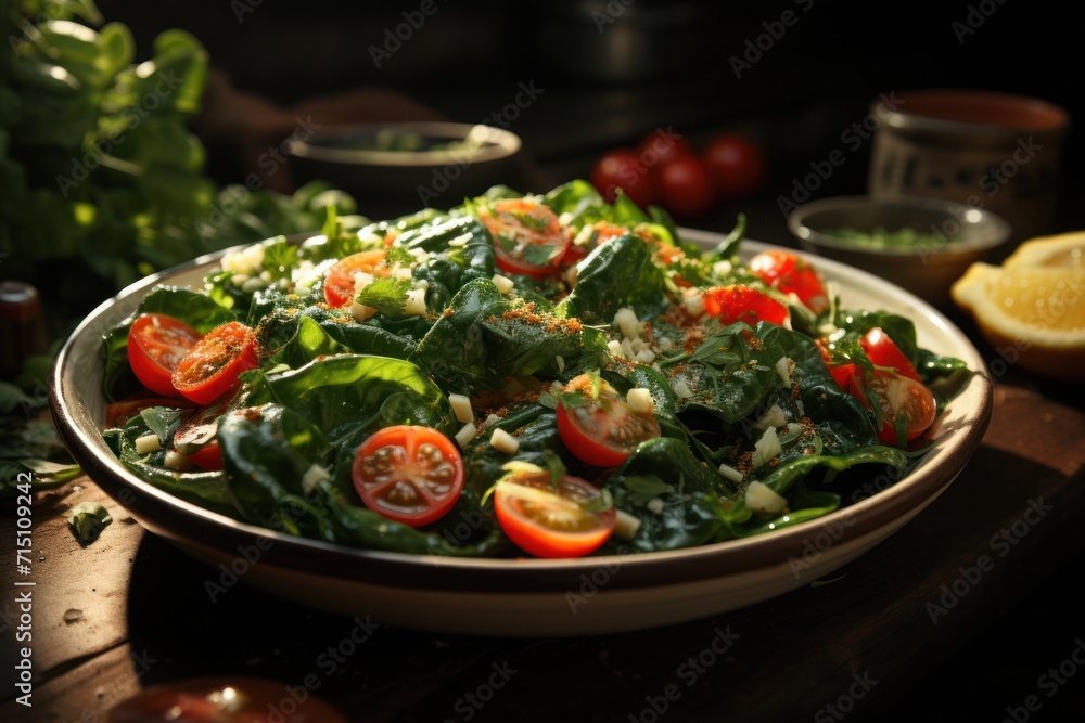 Aufkleber a close up of a salad in a bowl on a table with tomatoes and lettuce on the side.