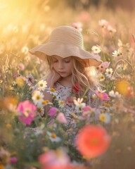 Portrait of a little girl in a field with daisies. A magical scene featuring an innocent little girl in a field of vibrant wildflowers. The soft, golden hour lighting creates a dreamlike atmosphere.