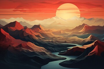  a painting of a mountain range with a river in the foreground and a setting sun in the middle of the sky.