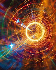 Obraz premium A mesmerizing capture of synchrotron radiation illuminating a circular accelerator, creating vibrant beams of light. The dynamic interplay of colors and energy evokes a sense of scientific wonder.