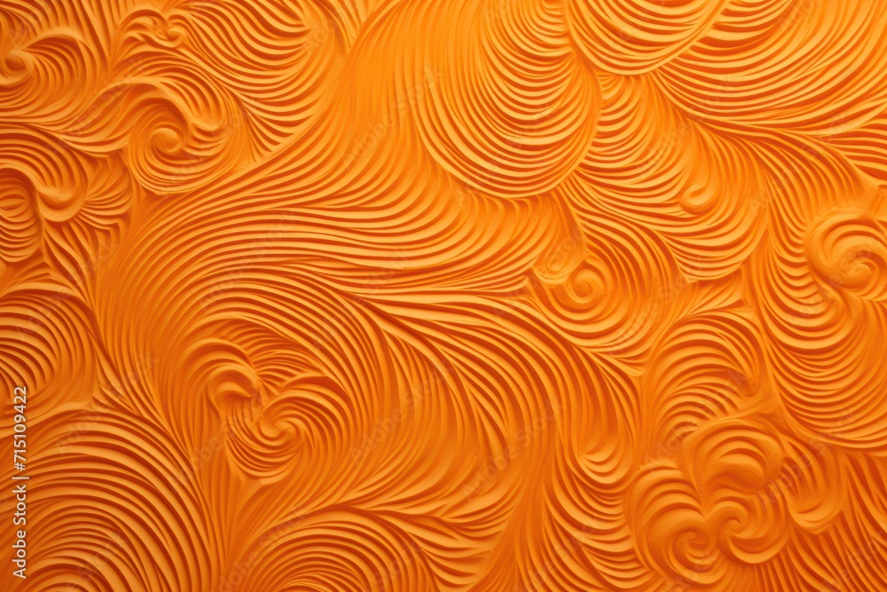 Poster a close up of an orange wall with a pattern of wavy lines and curves on the surface of the wall.