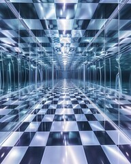 A mesmerizing image capturing the illusion of an infinite corridor of mirrors, maze, labirynth, creating a play of reflections that seem to extend into eternity. 