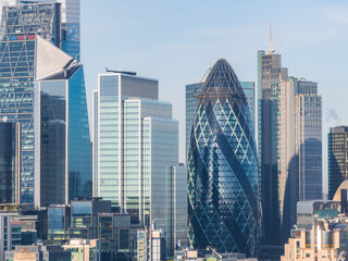 Aerial view of the London business center skyscrapers. Panoramic view of the city of London business district.