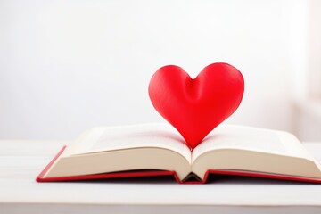  a book with a red heart on top of it and a red bookmark in the shape of a heart.