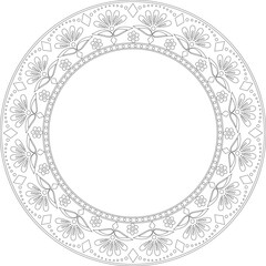Black outline floral folk lace round frame.Use for invitations,greetings,holiday events, copy space, coloring page, embroidery template