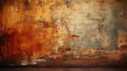  a rusted wall with a wooden floor in the foreground and a wooden floor in the middle of the room.