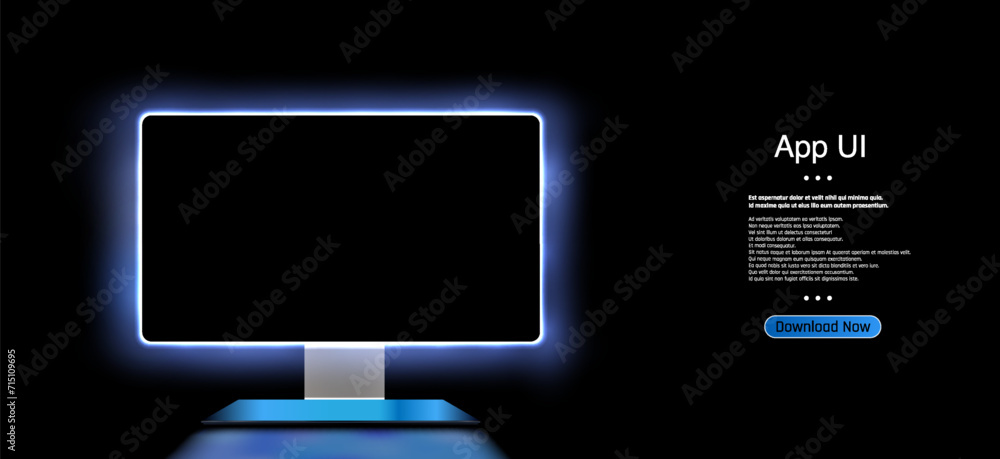 Poster futuristic computer monitor displaying blank screen, illuminated by neon blue lights - ideal for pre
