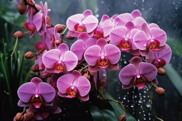  a close up of a bunch of flowers with drops of water on the surface of the flowers and the background is blurry.