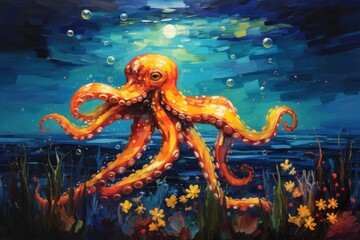  an oil painting of an orange octopus in a blue ocean with bubbles and flowers on the bottom of the painting.