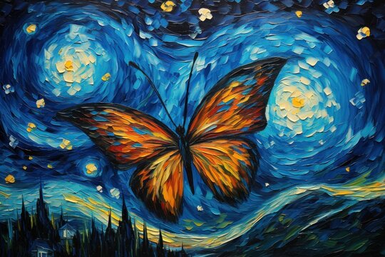  a painting of a butterfly flying in the night sky with stars and a full moon in the sky behind it.