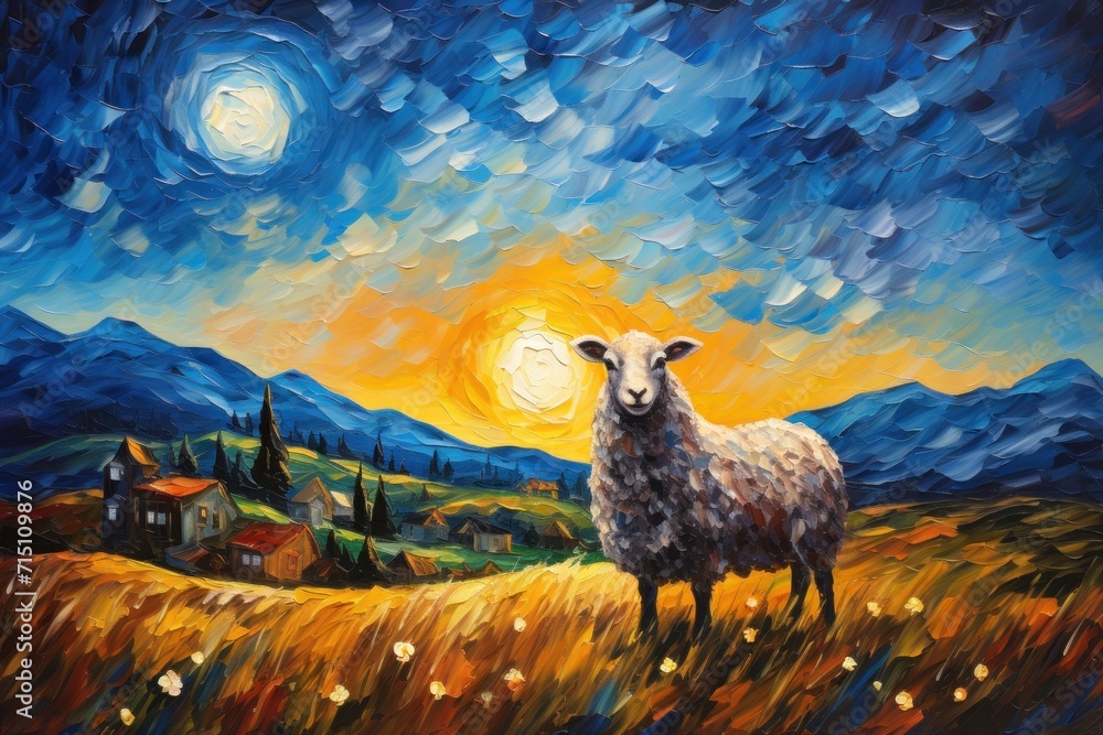 Poster a painting of a sheep standing in a field with mountains in the background and a full moon in the sk