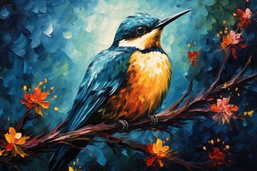  a painting of a colorful bird perched on a branch of a tree with red, yellow, and blue leaves.