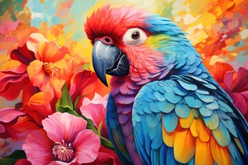  a painting of a colorful parrot sitting on top of a flowery branch with red and yellow flowers in the background.
