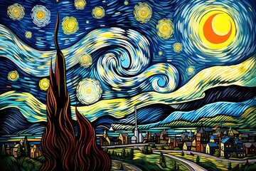  a painting of a starry night with the moon in the sky and a tree on the side of the road.
