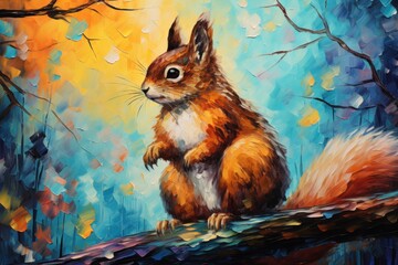  a painting of a squirrel sitting on top of a tree branch in front of a bright blue and yellow background.