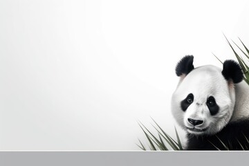  a panda bear sitting on top of a tree next to a tall green leafy plant in front of a white wall.