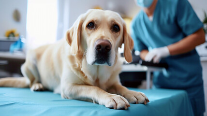 Sad labrador retriever dog on a table in a veterinary clinic. Golden retriever puppy in a vet...