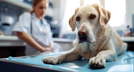 Cute golden labrador retriever dog on a table in a veterinary clinic. Retriever puppy in a vet cabinet