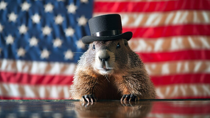 Groundhog in vintage cylinder hat standing on the tribune on the american USA flag background/ Groundhog Day celebration, February 2nd