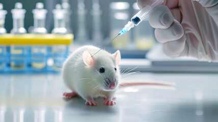 A researcher injects a drug into an experimental mouse. A hand in a blue glove holding a syringe and a white rat sitting on the table. Testing cosmetics and medicine on animals concept