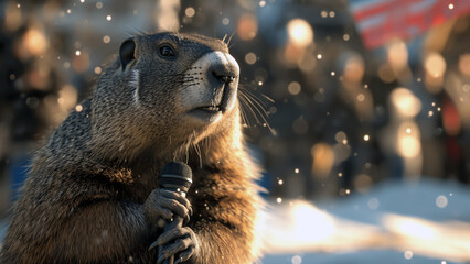 Cute groundhog making weather prediction, speaking in a microphone. Groundhog giving an interview about forecast to press and tv. Groundhog Day celebration - obrazy, fototapety, plakaty