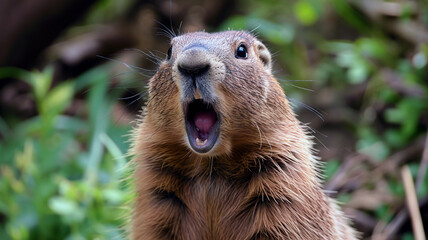A cute sleepy ground hog wakes up after hibernation. Close-up portrait of marmot while yawning. Groundhog Day celebration
