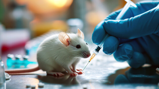 A researcher injects a drug into an experimental mouse. A hand in a blue glove holding a syringe and a white rat sitting on the table. Testing cosmetics and medicine on animals concept