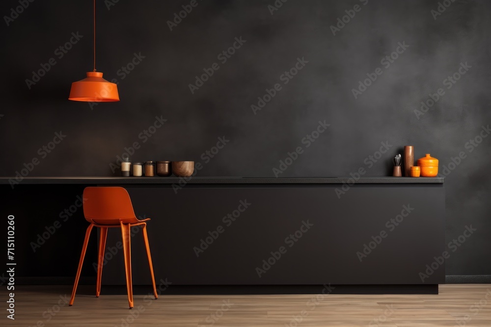 Poster an orange chair sits in front of a counter with a vase on it and a lamp hanging from the ceiling.