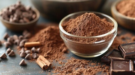 Rich cocoa powder and chocolate pieces in a rustic style