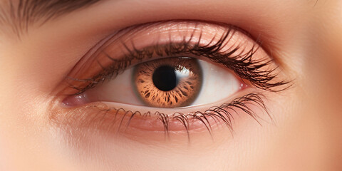 Obraz premium A single woman eye, in soft orange colour, very soft natural make up, peach fuzz colour eyeshadow and natural lashes. The mood suits for eye care advertisement