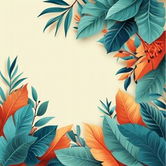 background made of orange, green and blue tropical leaves. Copy space. Generative AI
