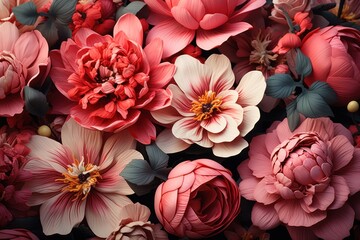  a close up of a bunch of flowers with red and pink flowers in the middle of the petals and green leaves in the middle of the petals.