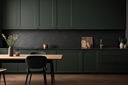  a kitchen with dark green cabinets and a wooden table with two chairs and a vase of flowers on top of it.