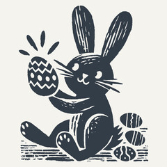 Quirky Easter bunny playing with Easter Eggs. Vintage block print style grunge effect vector illustration. Black and white.