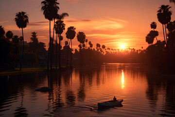 Tranquil Sunset over Echo Park Lake with Swan Boats Docking-Palm Trees Silhouetted against LA...