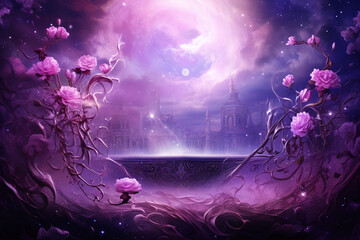 Abstract mystical scenic background of night sky with flowers and podium for copy space. - obrazy, fototapety, plakaty