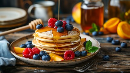 American pancakes with fresh blueberry, raspberry and honey. Healthy morning breakfast