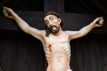 Jesus Christus am Kreuz, Bildstock, Süddeutschland - obrazy, fototapety, plakaty
