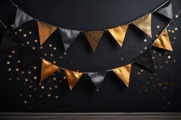 Foto op Plexiglas Golden garland on a black wall. Festive decoration. Generated by artificial intelligence © Vovmar