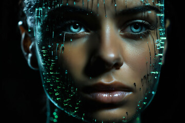 a woman with a futuristic face and green holography lights particles on her face and a black background, cybernetics, computer rendering, sci-fi, cyber art