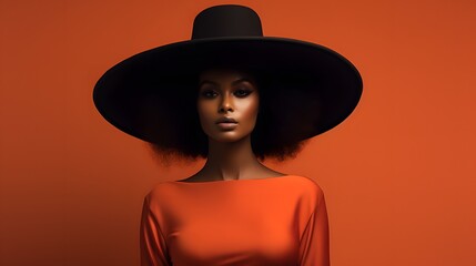 Black model with large hat and orange top on an orange background 