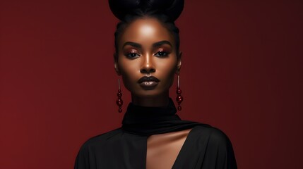Beautiful elegant black model close up on maroon red background