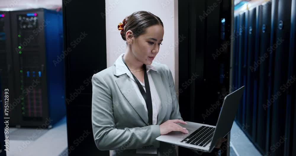 Poster Business woman, data center and laptop for maintenance, system solution and server room coding or cyber security. Asian technician with computer engineering, software update and hardware inspection
