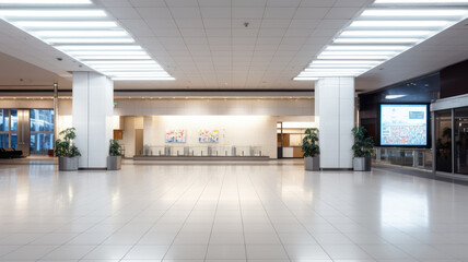 Hall of a large bright shopping center. In the middle is an empty white big board with a place for an image.