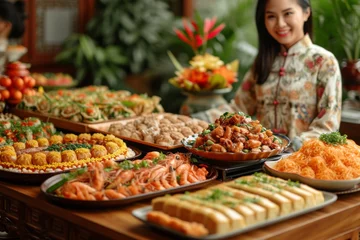 Fotobehang Family Reunion Dinner: Image: A warm and inviting scene of a family reunion dinner with an abundance of traditional Chinese New Year dishes © ktianngoen0128