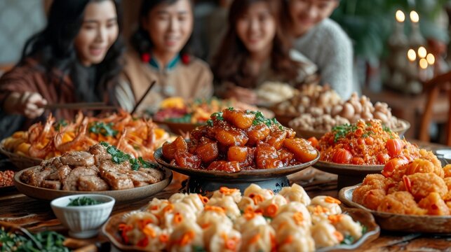 Family Reunion Dinner: Image: A warm and inviting scene of a family reunion dinner with an abundance of traditional Chinese New Year dishes
