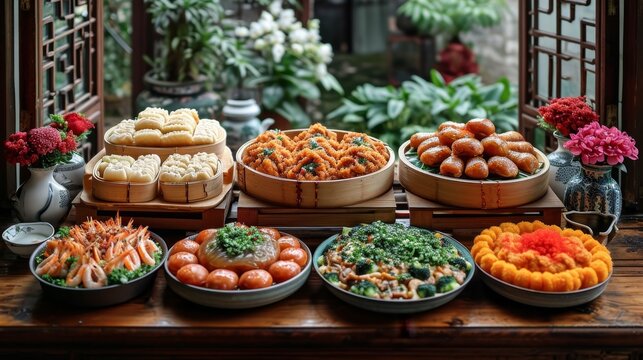 Family Reunion Dinner: Image: A warm and inviting scene of a family reunion dinner with an abundance of traditional Chinese New Year dishes