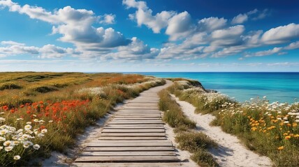 Fototapeta na wymiar Daisy field, pathway, cottage, daisy field, cloud, blue sky, sea view, vibrant colors
