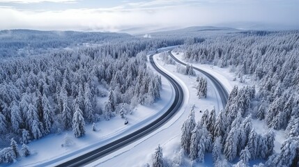 Winter snowy view of remote dual carriageway surrounded by snow and forest - obrazy, fototapety, plakaty